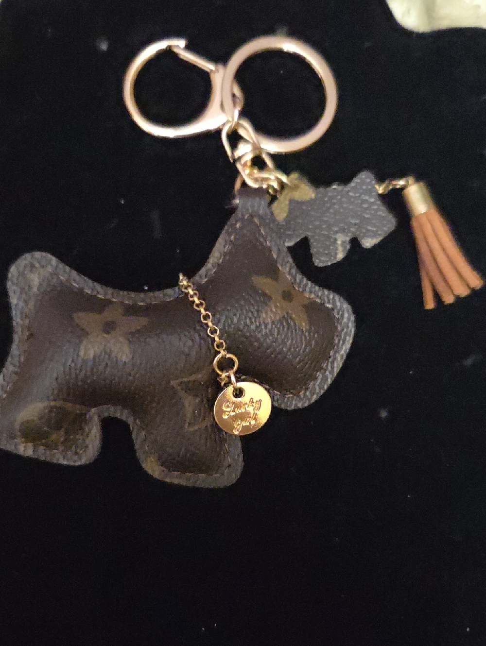 Brown Dog Keychain Charm - Gold Accent Tassel Lucky Girl